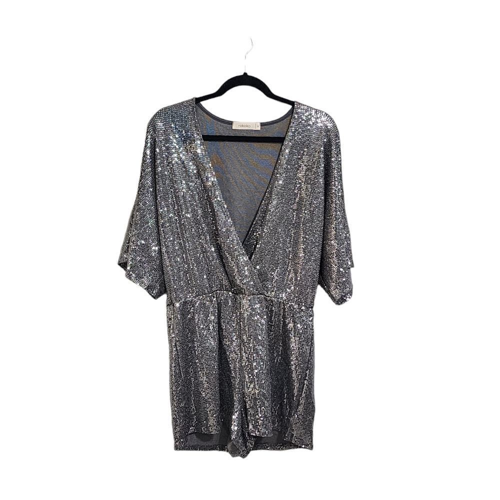 Rokoko Romper S metallic silver disco Rave Festival Holiday dressy